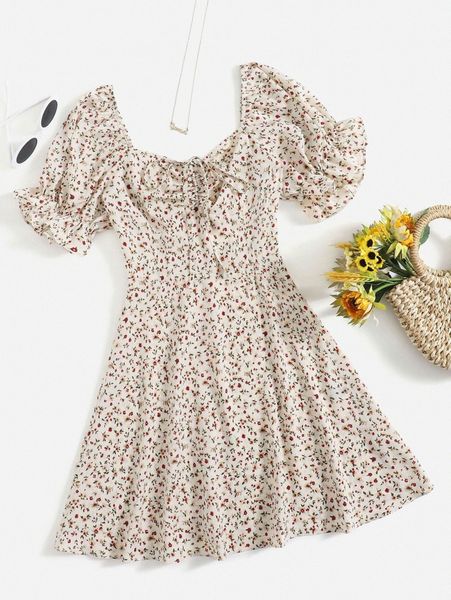 

ditsy floral print puff sleeve drawstring dress b5gt#, Black;gray