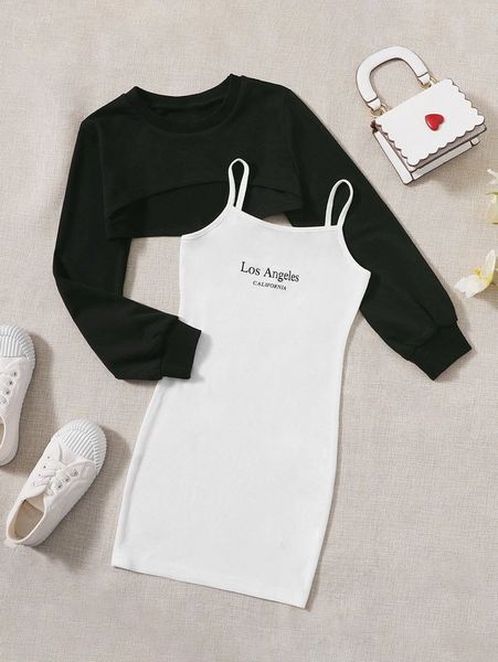 

girls super crop & letter graphic cami dress set she, White