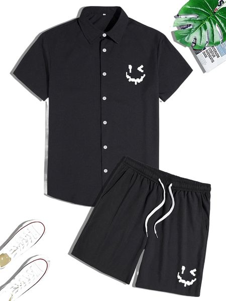 

men expression print shirt & drawstring waist shorts u3tx#, Gray