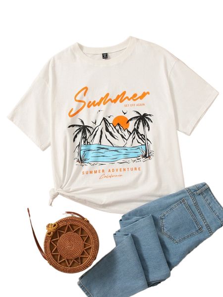 

plus mountain & palm tree print drop shoulder tee k9mm#, Black