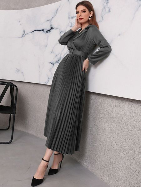 

lapel collar pleated hem buckled belted dress d888#, Black;gray