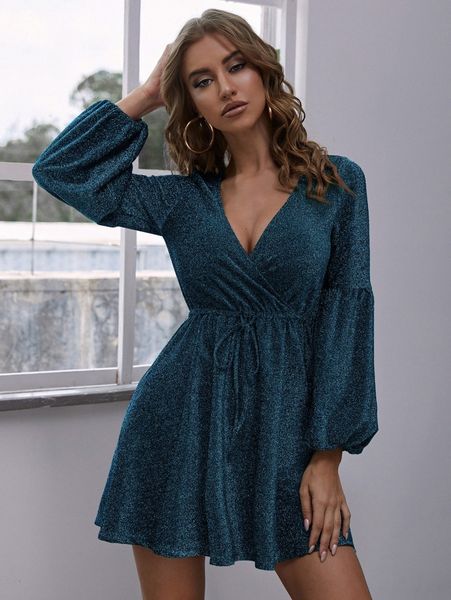 

surplice neck lantern sleeve drawstring waist glitter dress m9mn#, Black;gray