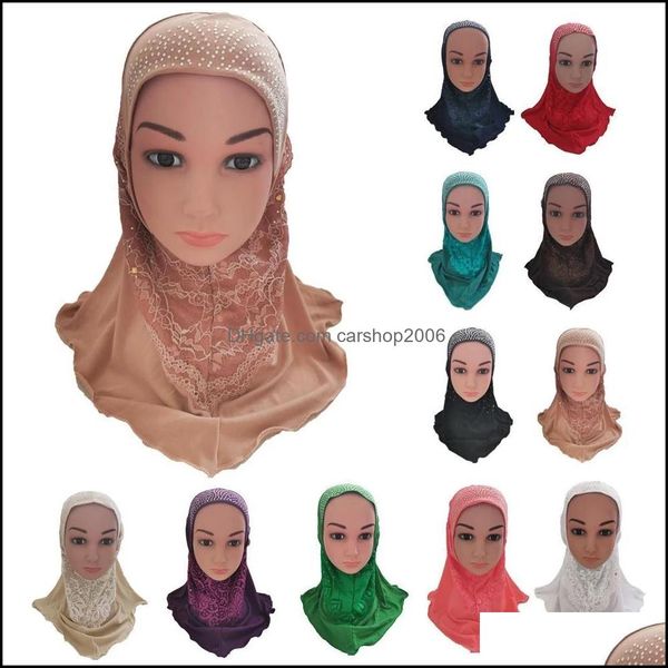 Beanie/Skl Caps Hüte Hüte Schals Handschuhe Mode-Accessoires 2021 One Piece Muslim Kinder Mädchen Bohren Hijab Kind Islamisches Kopftuch Kopf