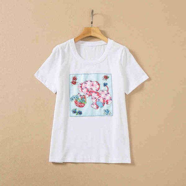 

women's t-shirt loose t-shirt little elephant cartoon summer 2022 paste cloth embroidered nail bead inlaid diamond loose women 70ij, White