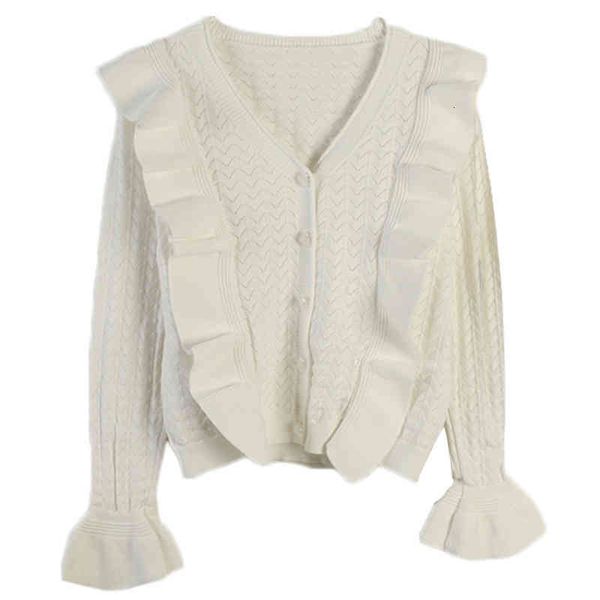 

women's sweaters autumn and winter women's wear long sleeved v-neck stitching wood ear edge slim lady style knitted cardigan lyfu, White;black