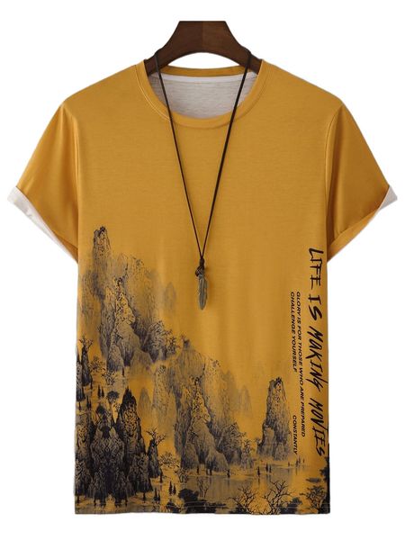 

men random mountain & slogan graphic tee 74bw#, White;black