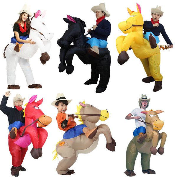 Fato de boneca de mascote Purim Cowboy Cavaleiro Cavalo Traje Inflável Halloween Carnaval Unicorn Dinossauro Pato Bee Galo Traje para Crianças Adult