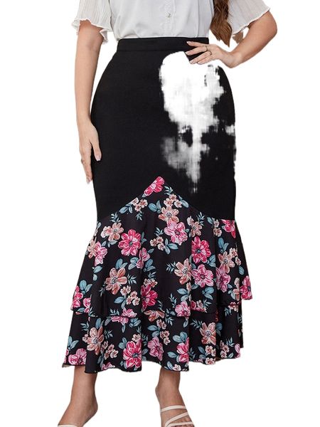 

plus floral print mermaid hem skirt y9oe#, Black