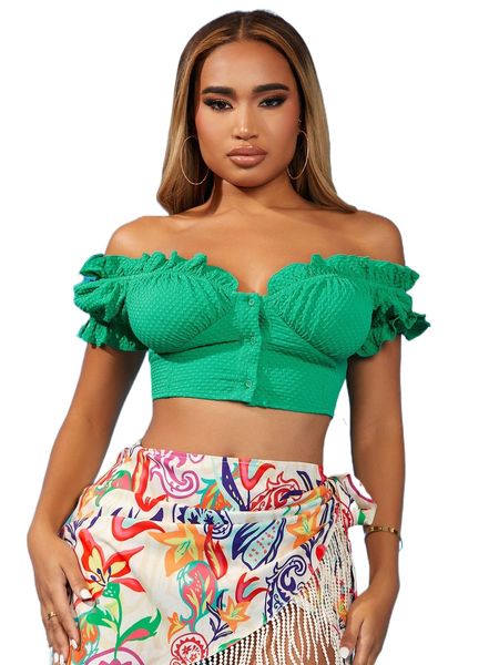 

sxy open front puff sleeve ruffle trim shirred back blouse t4em#, White