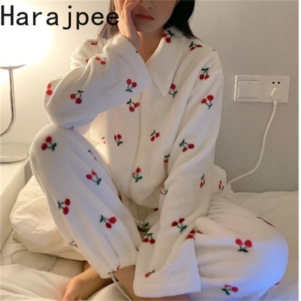 

harajpee women pajamas winter ladies japanese sweet temperament cherry embroidered loose thick coral fleece two-piece set 220329, Black;red
