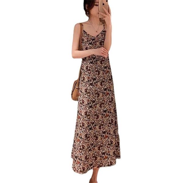

casual dresses women summer korean style sleeveless sling v-neck floral print party split maxi dress, Black;gray