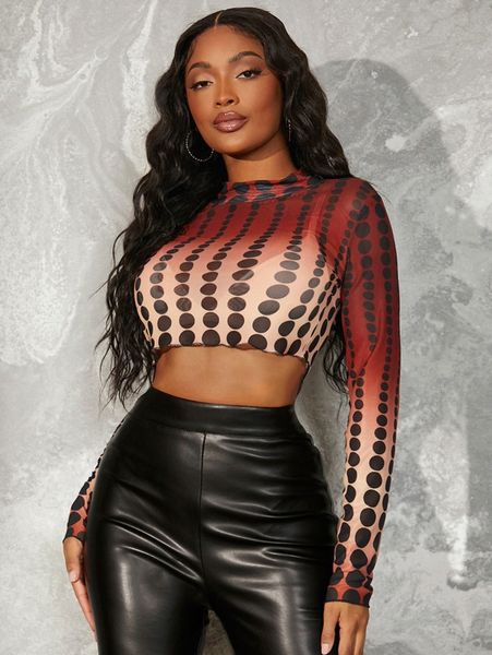 

sxy ombre polka dot print mock neck crop mesh without bra d5dc#, White