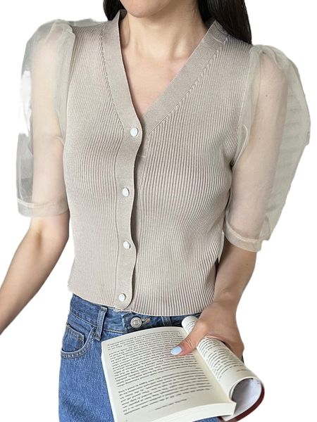 

dazy mesh sleeve ribbed cardigan y1ui#, White;black