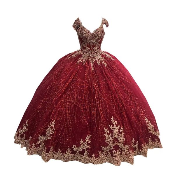 

2022 gold appliques lace off shoulder quinceanera dress ball gowns sweet 15 16 prom gown vestidos de 15 anos, Blue;red