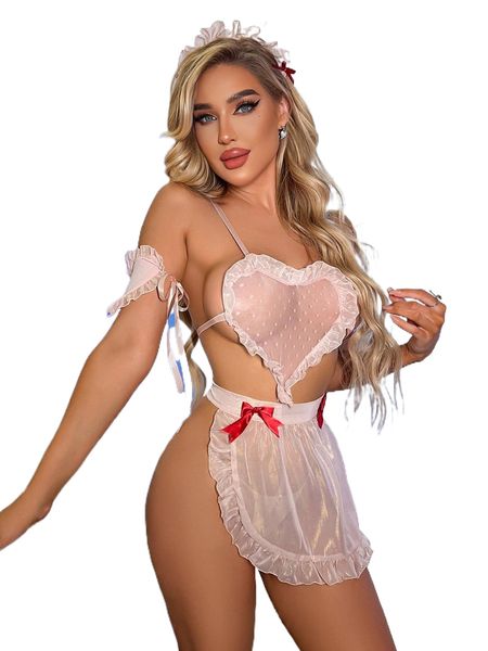 

5pcs frilled bow detail tie back maid costume set 89lz#, Black;red