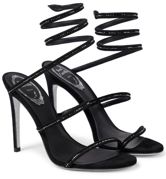 

rene cleo crystal-embellished leather sandals shoes women caovillas high heels lady gladiator sandalias party wedding comfort walking, Black