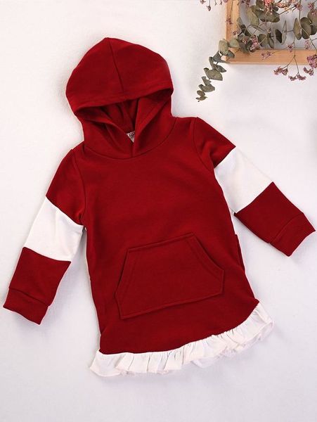 

baby contrast panel kangaroo pocket ruffle hem hoodie dress she, Black
