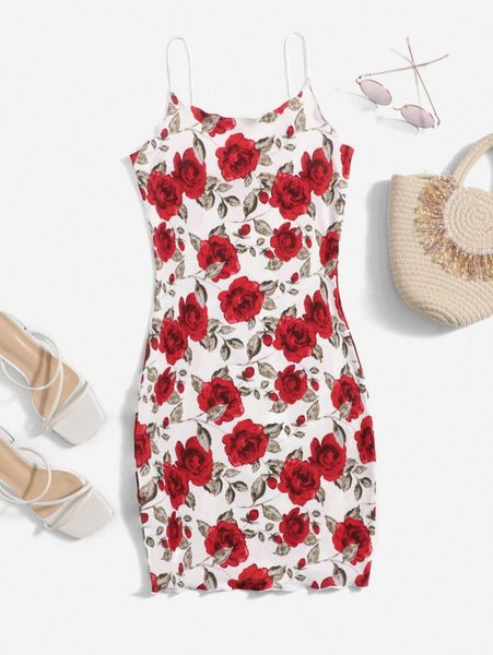 

floral lettuce trim bodycon dress b9pd#, Black;gray