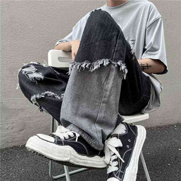 

black baggy jeans men fashion casual ripped straight jeans men japanese streetwear hip hop loose hole denim pants mens trousers t220727, Blue