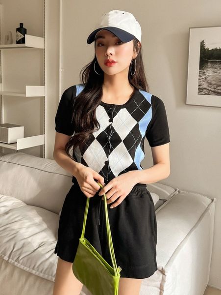 

dazy argyle pattern button front cardigan t8n6#, White;black