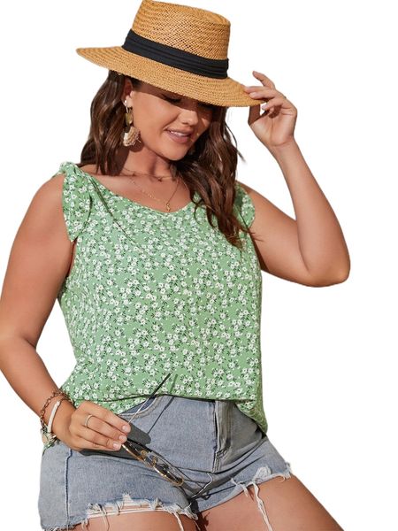 

plus ditsy floral tie shoulder tank y1r1#, Black