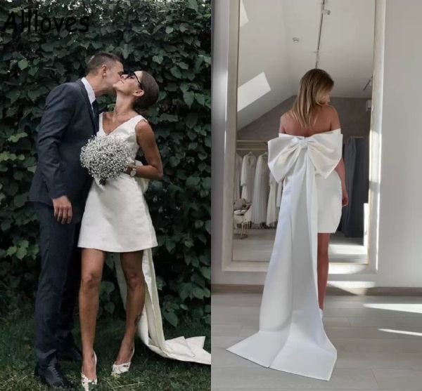 Hohe niedrige Hochzeitskleider Brautkleid Eine Linie Bow Ärmele gegen Hals Satin -Träger maßgeschneiderte Plus -Größe Vestidos de Novia 403 Estidos Estidos