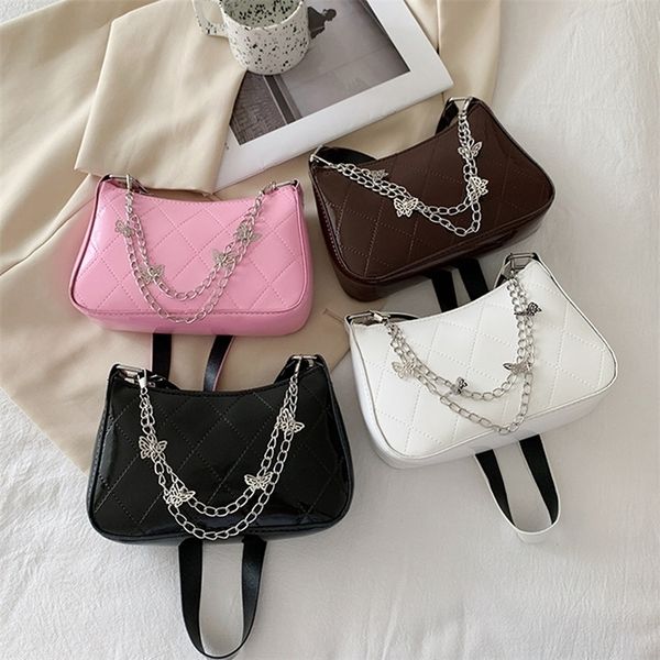 

women pu leather messenger bag trendy vintage butterfly chain pure color zipper handbag fashion underarm bags 220804