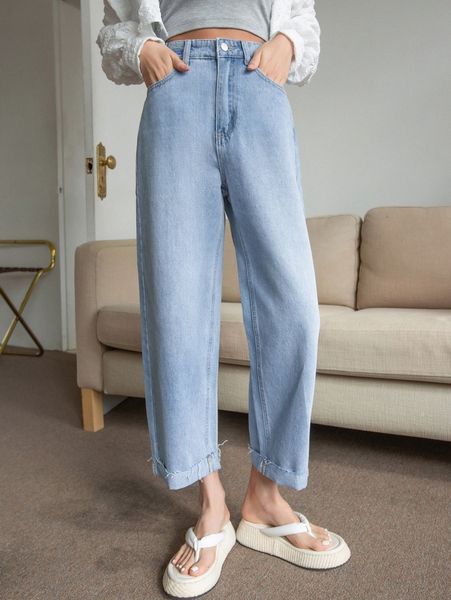 

dazy high waist frayed trim straight leg jeans n95t#, Blue