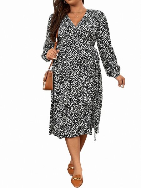 

plus dalmatian print tie side wrap dress r9fa#, Black