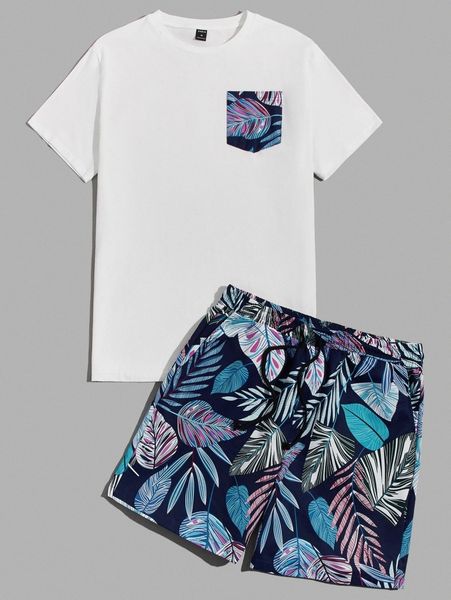 

men pocket front tee & tropical print shorts set z6dg#, Gray