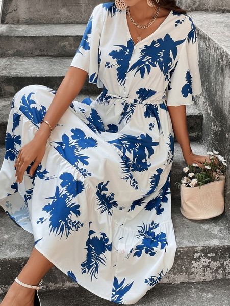 

a-line half button floral print drawstring waist ruffle hem dress f8kb#, Black;gray