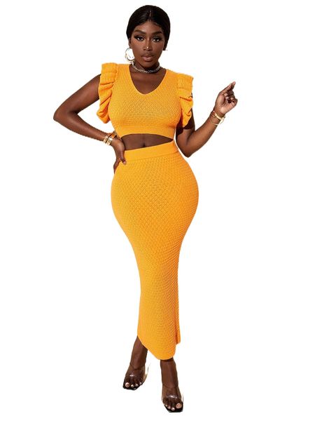 

sxy flutter sleeve crop & pencil skirt 82bn#, White