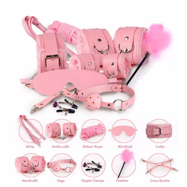 BDSM Rondage Set Set Sexy Duncuffs Whip Bullet Toys для женщины взрослые SM фетиш -соски Эротические игры