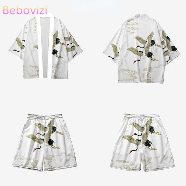 

two-piece suit japanese white cardigan women men cosplay yukata clothing harajuku samurai crane kimono + shorts pants sets 6xl, Red