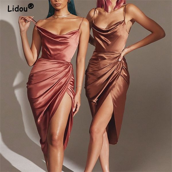 

swing collar split satin dress summer fashion sling temperament folds high waist solid pullover elegant women dresses 220712, Black;gray