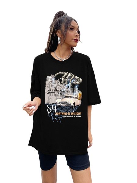 

car and slogan graphic drop shoulder oversized tee 48c0#, White