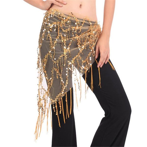 Abbigliamento da palcoscenico Costume di danza del ventre Sciarpe all'anca Triangolo tribale Cintura con nappe Paillettes dorate Danza ZT1 L2Stage