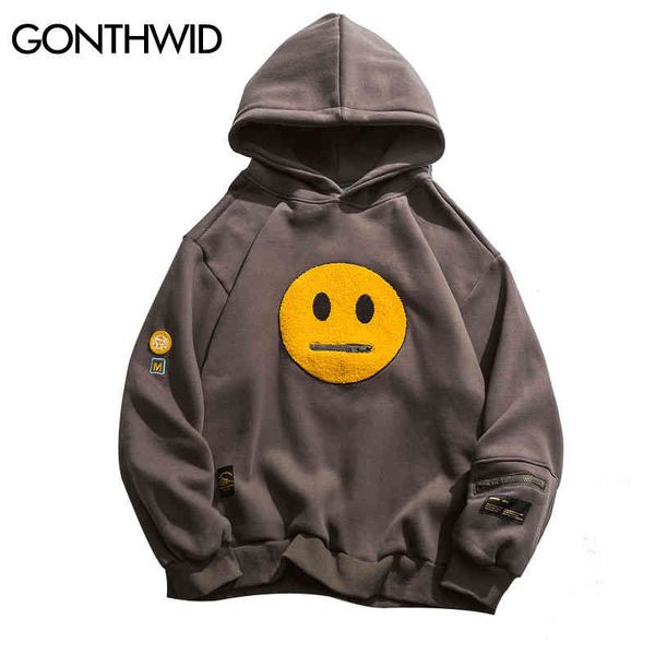 

gonthwid zipper pocket smile face patchwork fleece hoodies sweatshirts streetwear mens hip hop casual pullover hooded male, Black