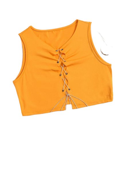 

rhinestone chain lace up front crop tank u6ap#, White
