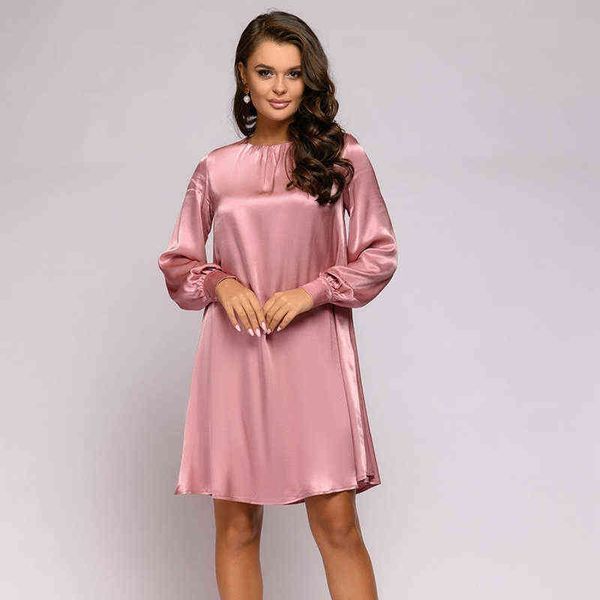 Abito da donna in raso rosa moda casual o-collo manica lanterna abito dritto allentato liscio elegante abito da festa solido autunno T220804