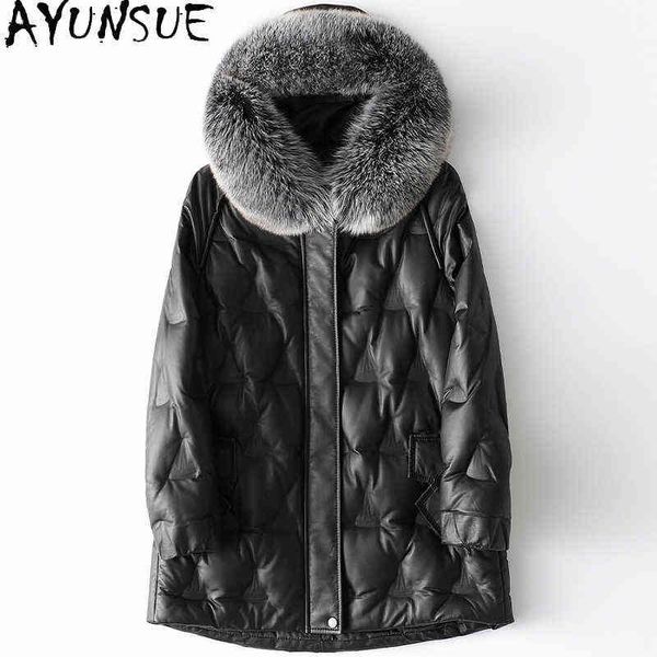 

ayunsue women real sheepskin leather jackets winter fox fur collar jacket women hooded down jackets jaqueta feminina sqq j220727, Black