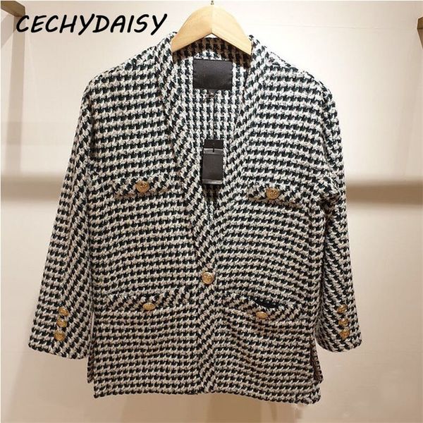 

woman knitted houndstooth jacket single breasted v neck fashion autumn winter clothes casual plaid outwear veste femme ropa 201019, Black;brown
