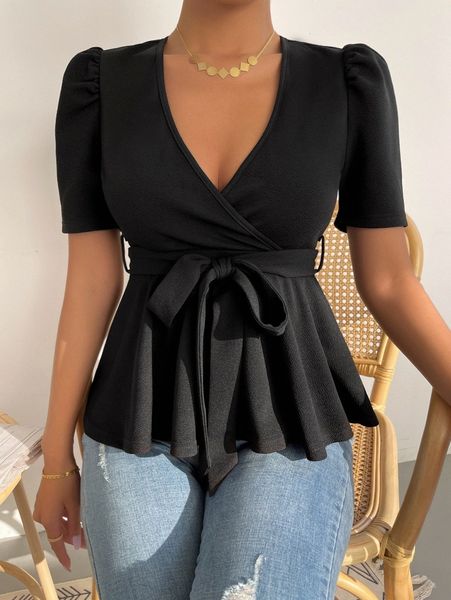 

puff sleeve surplice neck belted peplum tee v3uz#, White