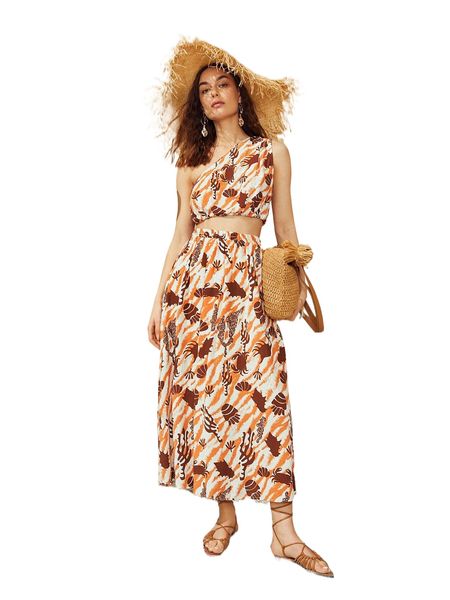 

crab & shell print one shoulder crop & skirt p7d4#, White