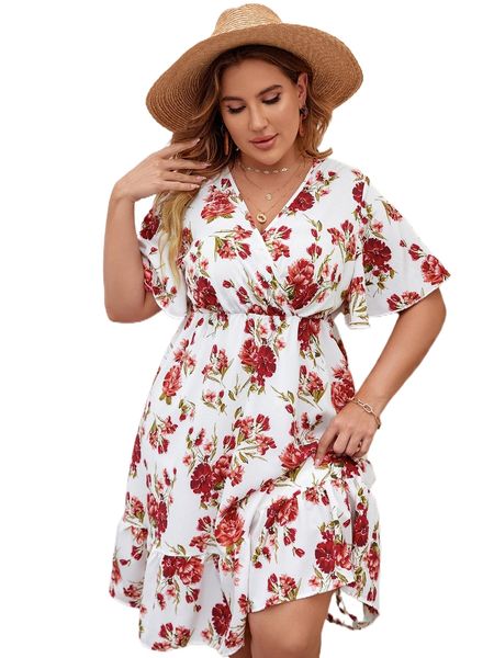 

plus floral print butterfly sleeve ruffle hem dress m39f#, Black