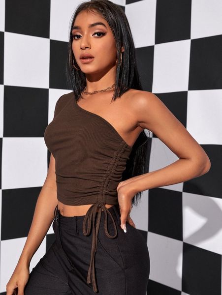 

drawstring ruched side one shoulder k0aj#, White