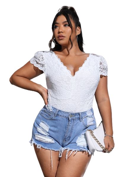 

plus scallop trim lace bodysuit z2z2#, Black