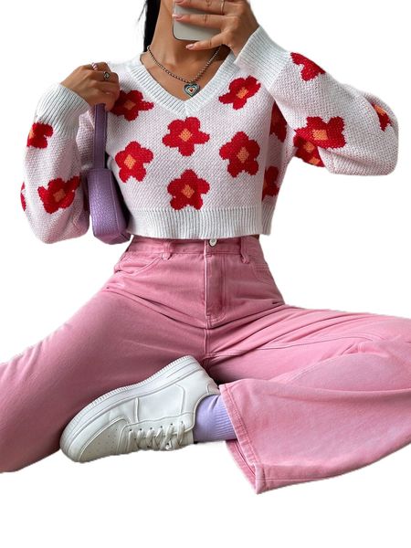 

floral pattern drop shoulder v-neck crop sweater h0ct#, White;black