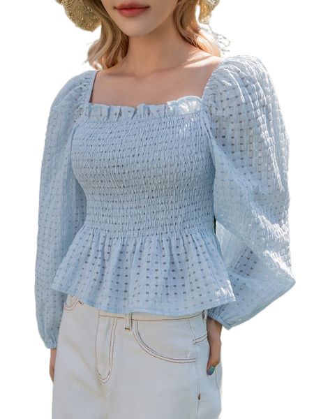 

dazy ruffle trim lantern sleeve shirred peplum blouse m3m4#, White