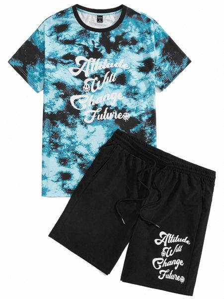 

men tie dye tee & slogan graphic drawstring waist shorts r17d#, Gray